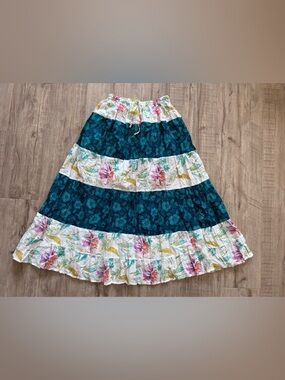 Bohemian Tiered Floral flower hippy Maxi Skirt - Teal & White summer flowy